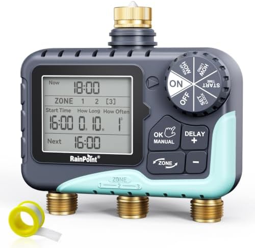 RAINPOINT 2027 V2 Upgrade 3 Zone Water Timer, Solid Brass Inlet & Outlet, IP65 Waterproof, 3 Independent Schedules, Rain Delay, Manual & Automatic Irrigation for Garden Yard Lawn Greenhouse by RainPoint