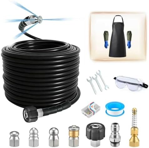 100FT Sewer Jetter Kit for Pressure Washer,1/4 Inch NPT Sewer Jetting Hose,Pressure Washer Drain Cleaner Hose 5800PSI with Sewer Jetter Nozzles, Gloves, Waterproof Tape, Apron (100FT) by Unknown