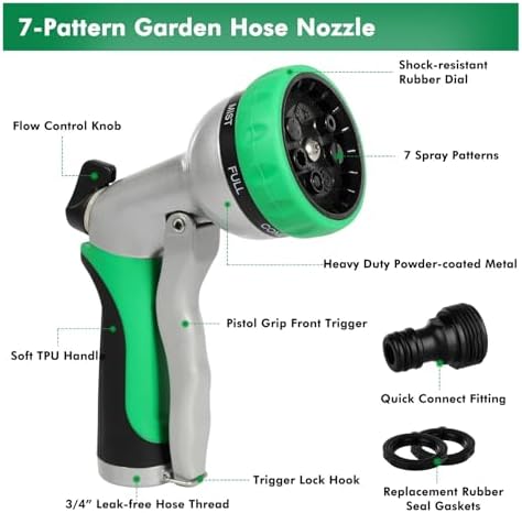 Heavy Duty Metal Garden Water Hose Nozzle With 7 Adjustable Spray Patterns For Watering Plants Lawns Washing Cars And Pets Nozzles - Image 5