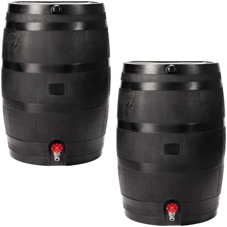 RTS Home Accents 50-Gallon ECO Rain Barrel Made with 100% Recycled Plastic, Flat Back Rain Water Collection Barrel, Link Kit Included, Black (2 Pack) by RTSCompaniesInc