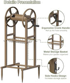 Freestanding Garden Hose Reel holds 125ft Hose of 5/8" with 4 Hooks, 4-Spike Outdoor Hose Holder with 3.9ft Leader Hose & Brass Fitting, Detachable Metal Hose Stand with Storage Rack, Brown - Image 5