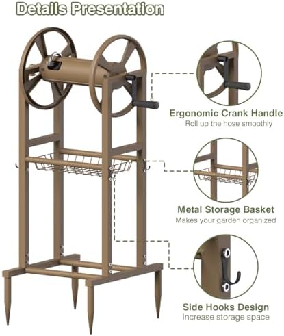 Freestanding Garden Hose Reel holds 125ft Hose of 5/8" with 4 Hooks, 4-Spike Outdoor Hose Holder with 3.9ft Leader Hose & Brass Fitting, Detachable Metal Hose Stand with Storage Rack, Brown - Image 5