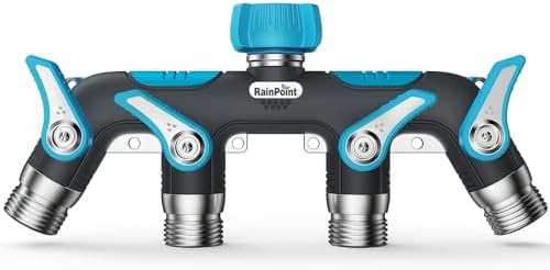 RAINPOINT 4 Way Garden Hose Splitter, 100% Metal Heavy Duty Water Hose Splitter with Individual Shut-Off Valves, 3/4" GHT High Flow Outdoor Faucet Splitter, 1.81" Extra Long Handle (Blue) by RainPoint