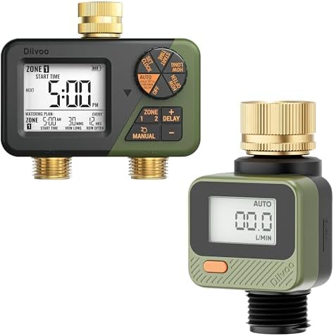 Diivoo Brass Sprinkler Timer 2 Zone & Diivoo Water Flow Meter with 180° Removable Panel Bundle by Diivoo