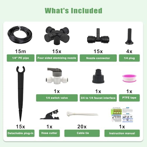 50FT Drip Irrigation System Kit Automatic Garden Watering System with 1/4" Drip Tubing & Quick Connect Fittings Adjustable Mist and Linear Columnar Modes for Greenhouse, Raised Garden Beds, Lawn, Yard - Image 4