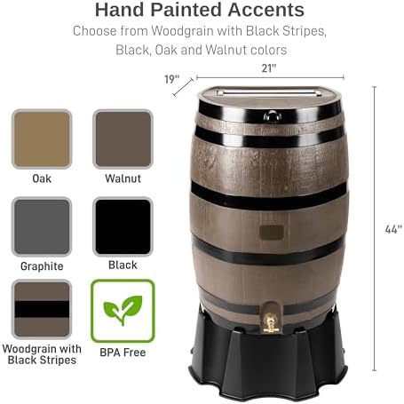 RTS Home Accents 50-Gallon Rain Barrel, Flat Back Rain Water Collection Barrel, Stand and Link Kit Included, Woodgrain with Black Stripes (2 Pack) - Image 3