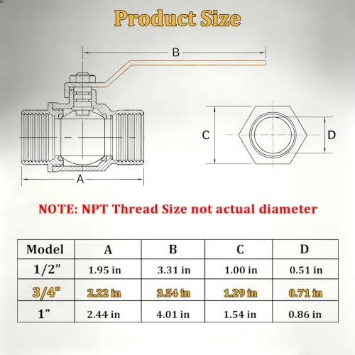 2 Pack 3/4" Full Port Ball Valve Brass， 3/4 Inch NPT Brass Valve，3/4" Female x 3/4" Female Thread Heavy Duty Brass Shut Off Valve Water, Oil and Gas - Image 2