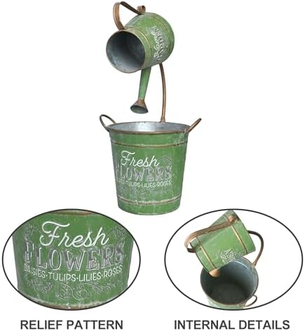Rustic Green Metal Watering Can Flower Pot, Vintage Distressed Garden Decor Flower Bucket Planter for Herbs Succulents Flowers, Decorative Plant Pot for Outdoor Indoor Patio Yard Home Decor - Image 7
