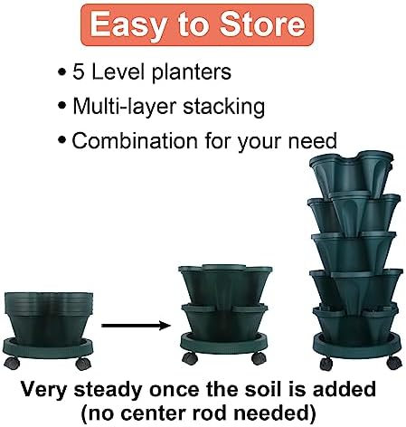 DUNCHATY Stackable Planter, Vertical Garden Planter with Wheels and Tools, Strawberry Indoor/Outdoor 5 Tier Tower Herb for Growing Vegetables Succulents, Dark Green, 2 Pack - Image 6