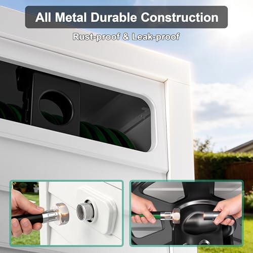 Metal Garden Hose Reel Box, Heavy Duty 150Ft 5/8" Large Capacity Hose Storage Deck Box with Hose Guide, 6Ft Leader Hose, Leak-Proof Aluminum Water Connection, Manual Crank Handle Easy Essemble (White) - Image 5