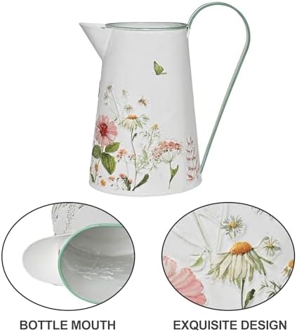 Vintage Metal Jug Vase Rustic Farmhouse Floral Pitcher with Flower, Butterfly & Bee Print Farmhouse Decorative Flower Vase for Home Table Centerpieces Decor (White) - Image 3