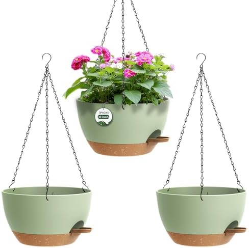 3 Pack 10 Hanging Flower Pots with Chains Self Watering Plastic Planters for Indoor Outdoor Plants, Sturdy Triangular Iron Chain Design for Garden PorchPlastic hanging flower pots (3, Green Brown) by Unknown