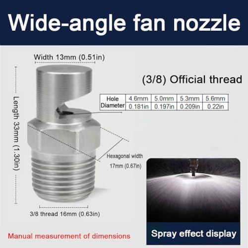 304 stainless steel cleaning nozzle wide angle fan nozzle (1/8, 1/4, 3/8, 1/2, 3/4BSPT) high pressure cleaning nozzle flood nozzle flat fan nozzle 3/8 wide angle fan nozzle （Hole diameter 5.3mm） 5pcs - Image 2