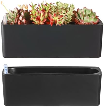 2 Pack Rectangular Self Watering Planter 15.6 x 5.4 in Window Sill Planters Indoor Rectangle Planter Self Watering Pots Plastic Plant pots with Drainage Holes Black Flower Pot (Black) by Planterhoma