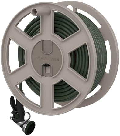 Suncast Sidewinder Wall Mount Garden Hose Reel, 100 Feet Capacity for 5/8 Inch Standard Vinyl Hosepipe, Light Taupe – Resin Water Line Holder for Lawn, Gardening and Outdoor Watering by Unknown