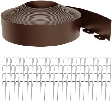 Landscape Edging 4 Inch Tall 80FT with 100Pcs Metal Spikes, Plastic Garden Edging Border Landscape Edging Border Lawn Edging for Landscaping, Flower Bed, Yard(Brown) by LXVOOEE
