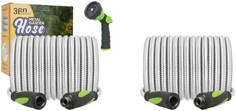 Ultimate Garden Hose Bundle: 100FT and 100FT Heavy-Duty Water Hose Set with Swivel Handle & 8 Function Nozzle for Versatile Watering Needs, Flexible, No Kink, Lightweight Metal Hoses by 360+GADGET