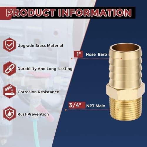 6pcs Brass Hose Barb Fittings 1" Hose Barb to 3/4" NPT Male - Image 2