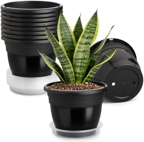 10 Pack 8 Inch Black Nursery Pots with Drainage Holes and Saucers by RooTrimmer