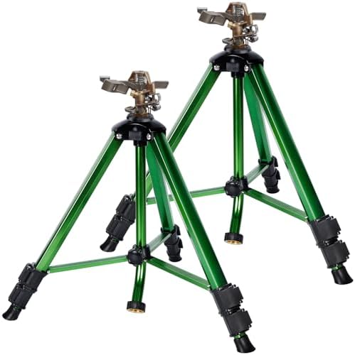 Biswing Impact Sprinkler Head on Tripod Base, Heavy Duty Lawn Sprinklers, 360 Degree Large Area Irrigation, Metal Sprinkler Nozzle & Solid Alloy Metal Extension Legs Flip Locks, 2 Pack by Biswing