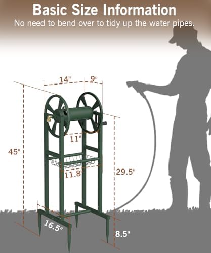Garbuildman Ground Mount Garden Hose Reel Holds 125 Feet of 5/8-Inch with 3.9 ft Leader Hose, Brass Fitting, Water Hose Holder Stand with Storage Rack & 4 Spikes Base for Outdoor Lawn, Green - Image 5