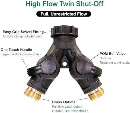 Dramm High Flow Twin Shut Off Valve with Full Water Flow, Two Way Connector, One Touch Thumb Control Turn Off Position, Corrosion Resistant Seals - Image 3