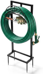 Garden Hose Holder Stand, Black Steel Heavy Duty Freestanding Water Hose Storage Rack with 4 Reinforced Anchor Spikes and Storage Basket Waterproof Stable Organizer for Yard Lawn Garden Farm - Image 3