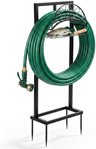 Garden Hose Holder Stand, Black Steel Heavy Duty Freestanding Water Hose Storage Rack with 4 Reinforced Anchor Spikes and Storage Basket Waterproof Stable Organizer for Yard Lawn Garden Farm by Unknown