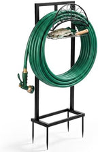 Garden Hose Holder Stand, Black Steel Heavy Duty Freestanding Water Hose Storage Rack with 4 Reinforced Anchor Spikes and Storage Basket Waterproof Stable Organizer for Yard Lawn Garden Farm by Unknown