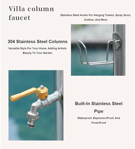 Freestanding Water Hydrant Heavy-Duty Cylindrical Garden Water Column Stainless Steel Outdoor Faucet Post Water Tap with Hose Holder(50x20.5cm) - Image 3