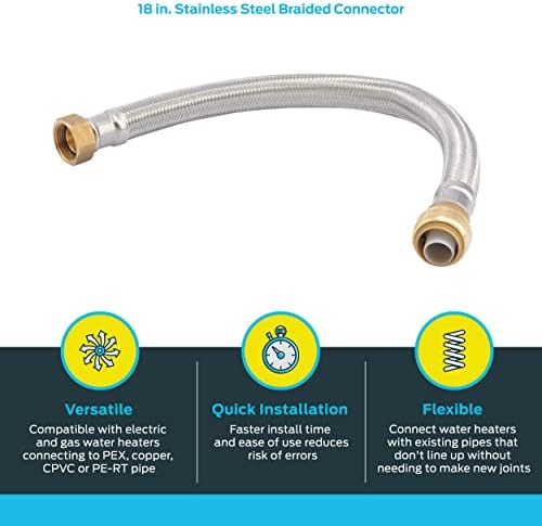 SharkBite 3/4 Inch x 3/4 Inch FIP x 18 Inch Stainless Steel Braided Flexible Water Heater Connector, Push To Connect Brass Plumbing Fitting, PEX Pipe, Copper, CPVC, PE-RT, HDPE, U3088FLEX18LF - Image 3