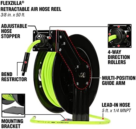 Flexzilla Open Face Retractable Air Hose Reel, 3/8 in. x 50 ft., Heavy Duty, ZillaGreen - L8611FZ & Air Hose, 3/8 in. x 50 ft., 1/4 in. MNPT Fittings, Heavy Duty, Lightweight, Hybrid, ZillaGreen - Image 4