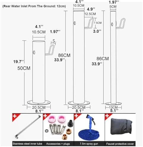 Freestanding Water Hydrant Heavy-Duty Cylindrical Garden Water Column Stainless Steel Outdoor Faucet Post Water Tap with Hose Holder(50x20.5cm) - Image 2