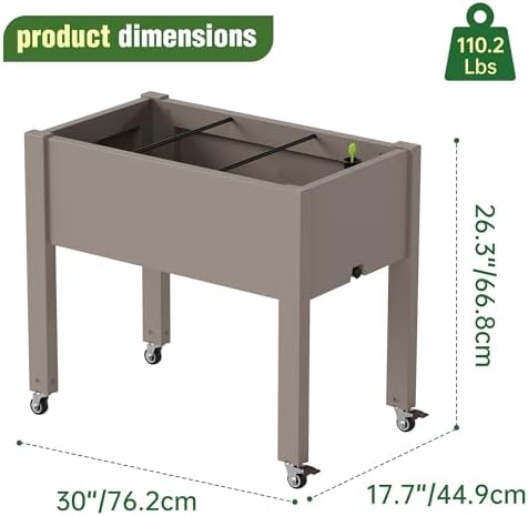 Elevated 26.3" Tall Raised Garden Bed with Wheels - Outdoor Mobile Resin Planter Box with Drainage Holes for Vegetables Flower Herbs, Weather Resistant, Gray (26.3" h) - Image 3