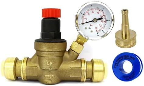 CMI Inc 3/4 in Push Connect. Water Pressure Regulator Valve, Adjustable Water Pressure Reducer with Test Gauge for RV Camper, Travel Trailer, Water Hose by CMIINC