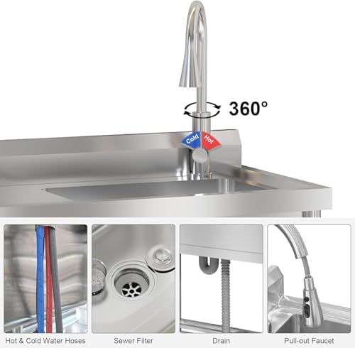 47"x37"x42.5" Stainless Steel Utility Sink, Freestanding Single Bowl with Hot & Cold Water Faucet, Commercial Kitchen Laundry Bathroom Garage Garden Sink - Image 4