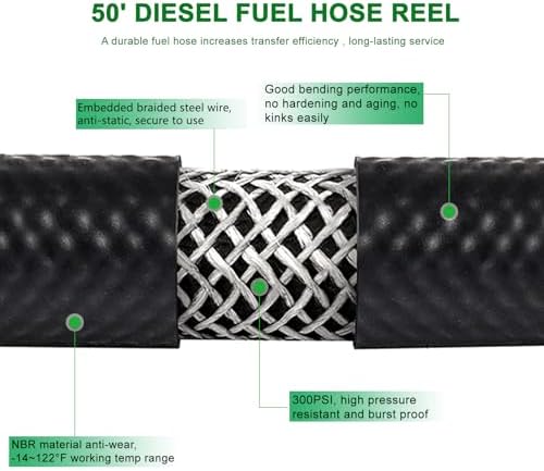1 Inch Fuel Hose Reel With Fueling Nozzle, 50 Foot Heavy Duty Diesel Retractable, 300 PSI Industrial Auto Rewind Mount for Def Fluid Tank Truck Bed Trailer Boat Cart - Image 2