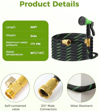 50ft Garden Hose，Non-Expandable Water Hose with 8 Function Spray Nozzle, Burst-Resistant，Kink-Free，Lightweight，Durable & Flexible 3/4" Garden Hose for Gardening, Yard，Lawn, Car Washing - Image 7