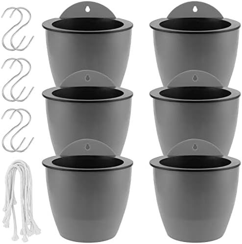 HOIGON 6 Pack 7 Inch Self Water Hanging Plants Pot, Self Watering Wall Hanging Plastic Planters with S-Hooks and Wicks, Lazy Flower Pot for Indoor Outdoor Orchids African Violet, Gray by HOIGON