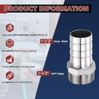 3pcs Stainless Steel Hose Barb Fittings 1-1/2"Barb to 1-1/2"NPT Male - Image 2
