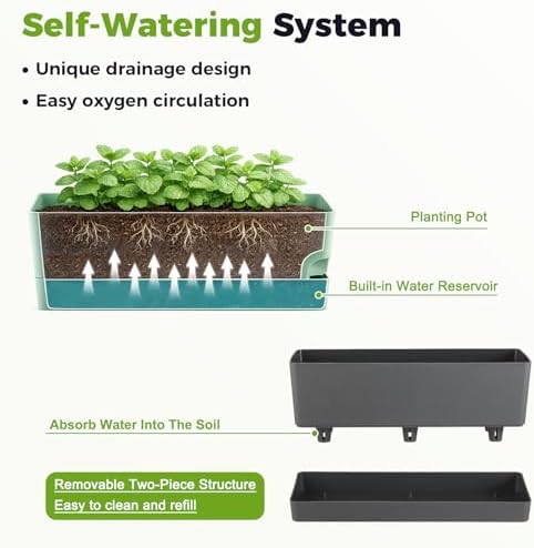 4 Pack Self Watering Pots for Indoor Plants 17 Inches Window Boxes Planters Rectangular Flower Pots Rectangle Herb Pots Large Plant Pots with Drainage Holes and Saucers Windowsill Planter, Grey - Image 5