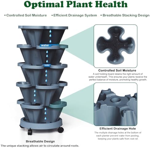 Strawberry Planters, 7 Tiered Vertical Stackable Planter, Herb Stacking Tower Garden, Flower and Vegetable Planters with Support Pole Indoor & Outdoor with Removable Wheels - Dark Grey - Image 2