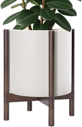 D'vine Dev Plastic Pot with Walnut Wood Stand, Oatmeal, 14 in, 55-C-R-3 by DvineDevPlanterPotsandStand