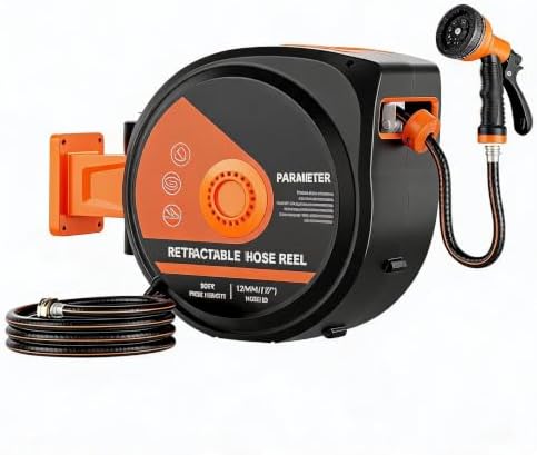 Retractable Garden Hose Reel, 1/2 x 50 ft, 10-Function Spray Nozzle - Wide Coverage with Any-Length Lock, Smooth Slow Rewind, Freeze-Resistant Build, 9 Spray Patterns, and 180° Swivel Mount by Unknown