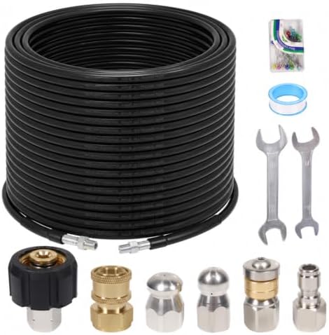 200FT Sewer Jetter Kit for Pressure Washer, 5800PSI, 1/4 Inch NPT Drain Cleaner Hose Sewer Jetting with Rotating Corner Button Nose Nozzle for Pipe Cleaning by NuFlySic