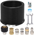 200FT Sewer Jetter Kit for Pressure Washer, 5800PSI, 1/4 Inch NPT Drain Cleaner Hose Sewer Jetting with Rotating Corner Button Nose Nozzle for Pipe Cleaning by NuFlySic