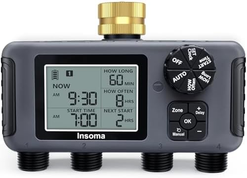 Insoma Water Timer with Brass Inlet, 4 Independent Zones Outdoor Hose Timer for Garden Faucet with Auto/Manual/Rain Delay Mode, IPX5 Waterproof, Sprinkler Irrigation Controller for Yard Lawn by Insoma
