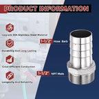 4pcs Stainless Steel Hose Barb Fittings 1-1/2"Barb to 1-1/2"NPT Male - Image 2