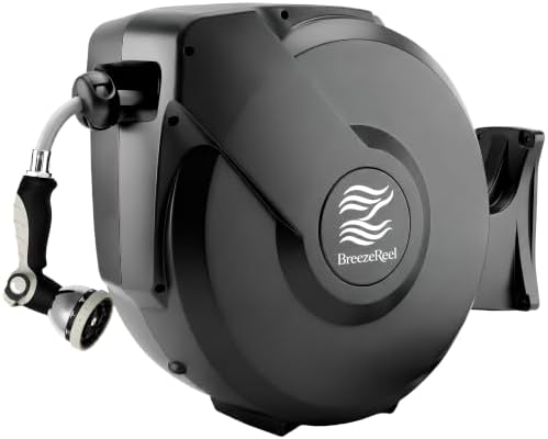 Retractable Garden Hose Reel - 5/8 in x 100 ft Automatic Wall Mount Automatic Water Hose Reel with 10 Patterns Nozzle, Heavy-Duty Aluminum Mount, 180° Swivel, Auto-Lock for Outdoor Watering by BreezeReel