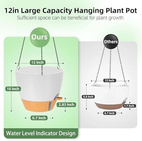 ZMTECH 12 Inch Large Self Watering Hanging Planters for Indoor Outdoor Plants - Water Level Indicator & Removable 60 Oz Reservoir, 1 Pack Plastic Hanging Basket for Window Porch Garden Balcony, White - Image 2